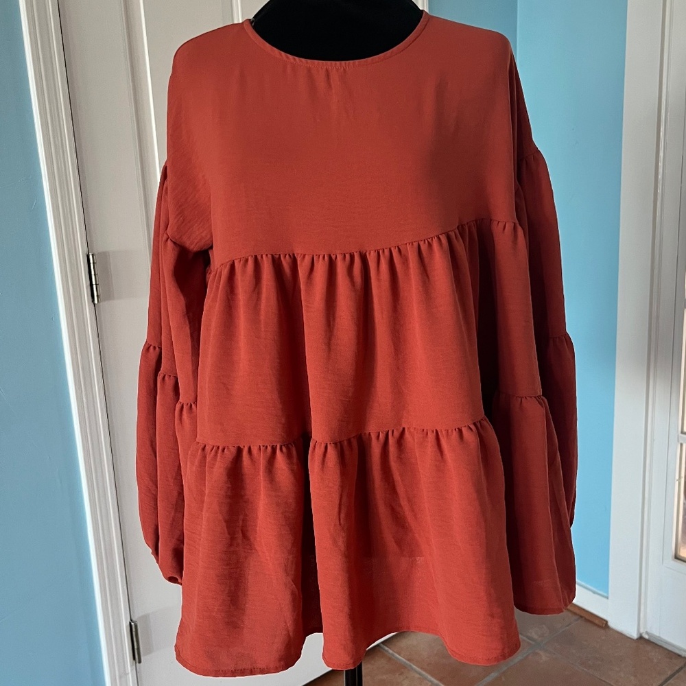 Dress Up Women's Tiered Babydoll Blouse Rust Size M